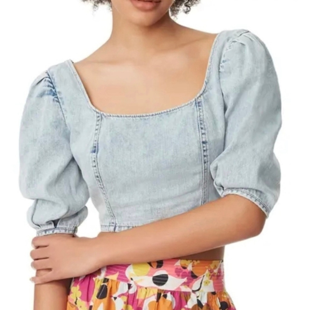Circus NY Sam Edelman Puff Sleeve Denim Crop Top Reflections Large